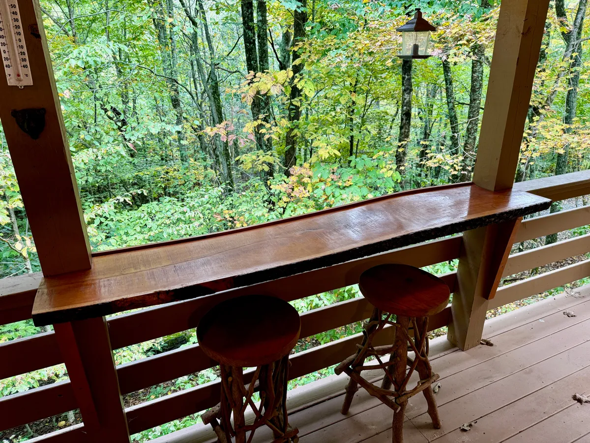 A live-edge wooden bar top with stools overlooks the forest, with a hanging lantern providing warm, ambient lighting. The inviting setting is perfect for sipping drinks and soaking in the woodland atmosphere.