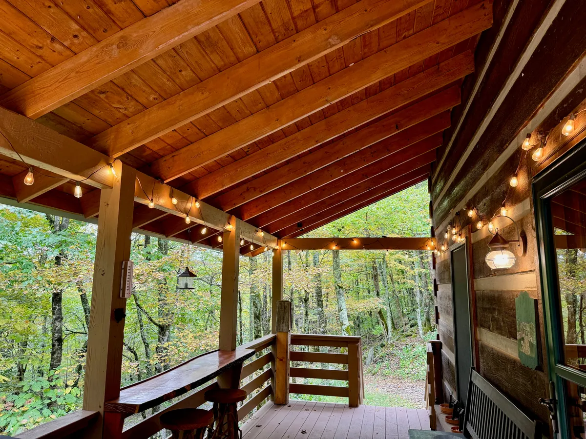 A cozy porch scene with wooden railings, hanging string lights, wooden beams, and lush greenery outside. The inviting space suggests a transition from indoors to outdoors, perfect for relaxing after a day of adventure with pets nearby.
